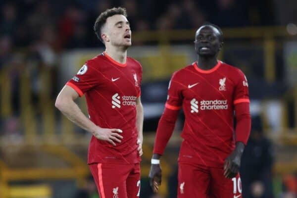 2H95DDR Wolverhampton, England, 4th December 2021. Diogo Jota of Liverpool reacts to a missed chance during the Premier League match at Molineux, Wolverhampton. Picture credit should read: Darren Staples / Sportimage