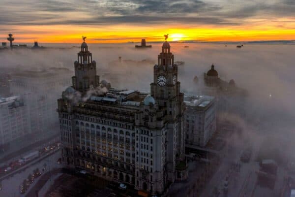 Merseyside General: Royal Liver Building in fog, River Mersey (Alamy Photo)