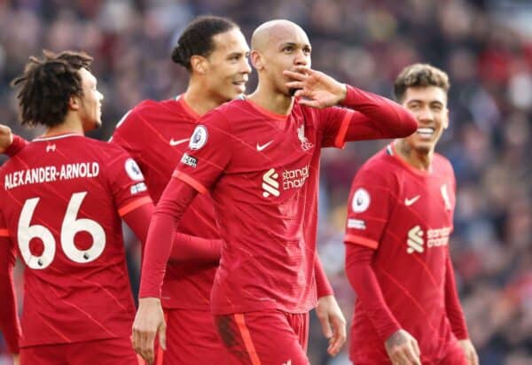 2022 vs Brentford Fabinho of Liverpool (C) celebrates scoring (Image: Darren Staples/Sportimage)