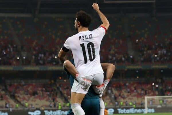 Mohamed Salah of Egypt celebrates after scoring winning penalty during the 2021 Africa Cup of Nations Play Offs - 1/8-finals match between Ivory Coast and Egypt at Japoma Stadium, Douala, January 26, 2022 in Douala, Cameroon. (Photo by SF)