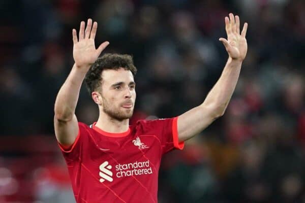 Liverpool's Diogo Jota gestures to the fans at Anfield (Image: PA Images / Alamy Stock Photo)