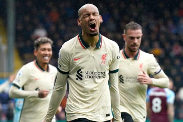 2HN1527 Burnley, England, 13th February 2022. Fabinho of Liverpool celebrates after scoring the opening goal during the Premier League match at Turf Moor, Burnley (Image: Andrew Yates / Sportimage)