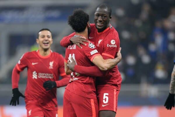 Mohamed Salah and Ibrahima Konate of Liverpool celebrate after scoring during the UEFA Champions League Round of Sixteen Leg One match between FC Inter Milan (Giuseppe Maffia / Alamy Stock Photo)