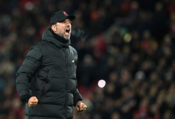 Jurgen Klopp celebrates, fist pumps, the Kop (Image: PA Images / Alamy Stock Photo)