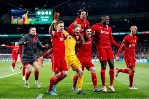 2HT8XKX London, UK. 27th Feb, 2022. Liverpool celebrate winning the Carabao Cup Final match between Chelsea and Liverpool at Wembley Stadium on February 27th 2022 in London, England. (Photo by Paul Chesterton/phcimages.com) Credit: PHC Images/Alamy Live News