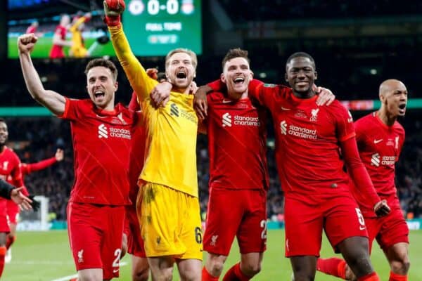 2HT8XNK London, UK. 27th Feb, 2022. Caoimhin Kelleher of Liverpool celebrates with teammates after winning the Carabao Cup Final match between Chelsea and Liverpool at Wembley Stadium on February 27th 2022 in London, England. (Photo by Paul Chesterton/phcimages.com) Credit: PHC Images/Alamy Live News