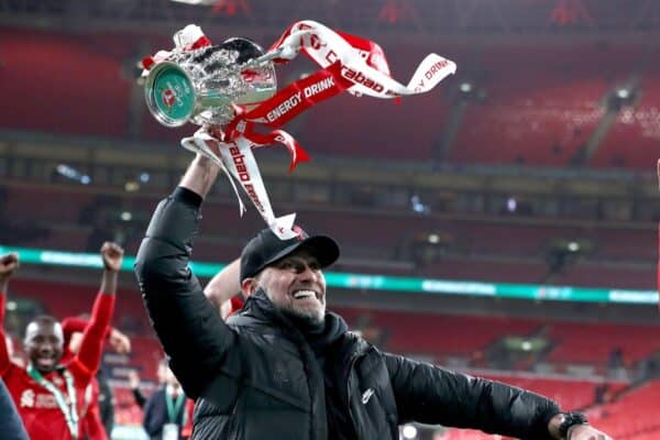 London, England, 27th February 2022. Jurgen Klopp manager of Liverpool celebrates with the trophy during the Carabao Cup match at Wembley Stadium, London. Picture credit should read: Paul Terry / Sportimage Credit: Sportimage/Alamy Live News