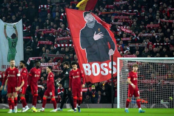 Jurgen Klopp banner on the Kop, Liverpool players, Anfield (Image: A Images / Alamy Stock Photo)