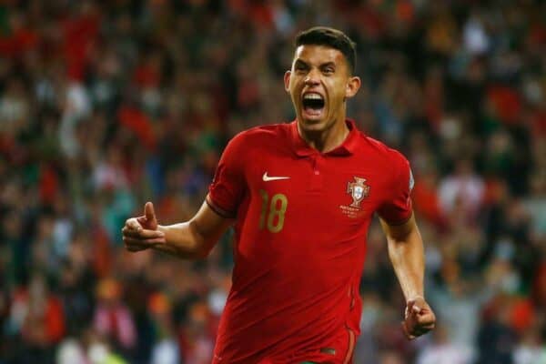 2J1CTD8 Soccer Football - World Cup - UEFA Qualifiers - Play-Off Semi Final - Portugal v Turkey - Estadio do Dragao, Porto, Portugal - March 24, 2022 Portugal's Matheus Nunes celebrates scoring their third goal REUTERS/Pedro Nunes