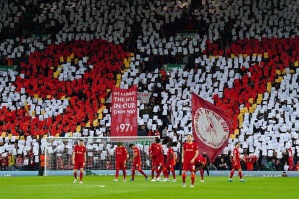 Liverpool players have a minute silence in remembrance for lives lost at Hillsborough, Wednesday April 13, 2022. (Image: PA Images / Alamy Stock Photo)