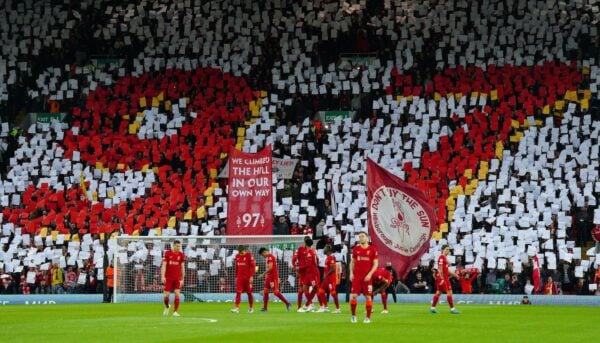 Liverpool players have a minute silence in remembrance for lives lost at Hillsborough, Wednesday April 13, 2022. (Image: PA Images / Alamy Stock Photo)