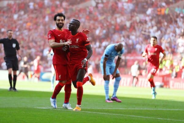 Mane and Salah celebrate, Wembley, FA Cup semi final vs Man City April 2022 (Image: Andrew Orchard sports photography/Alamy Live News)