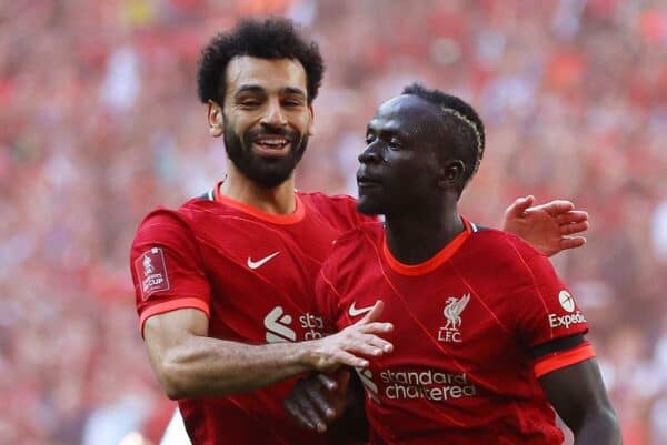 Mane and Salah celebrate, Wembley, FA Cup semi final vs Man City April 2022 (Image: Andrew Orchard sports photography/Alamy Live News)