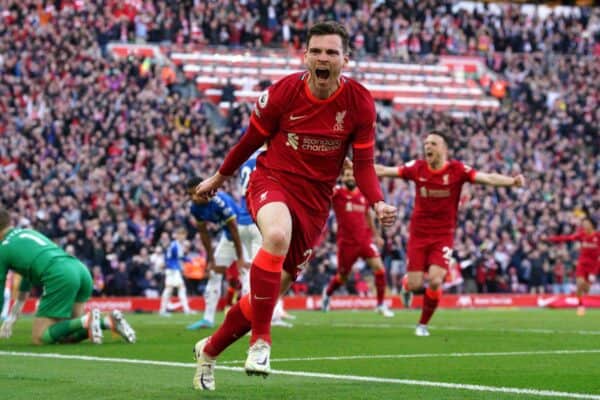 2J5M391 Liverpool's Andrew Robertson celebrates scoring their side's first goal of the game during the Premier League match at Anfield, Liverpool. Picture date: Sunday April 24, 2022.