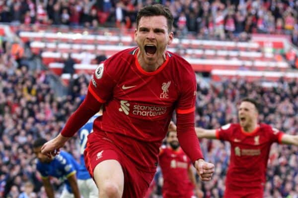 2J5M391 Liverpool's Andrew Robertson celebrates scoring their side's first goal of the game during the Premier League match at Anfield, Liverpool. Picture date: Sunday April 24, 2022.