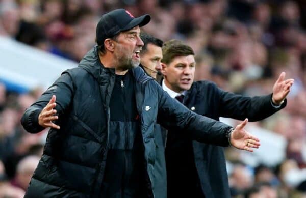 Jurgen Klopp (left) and Aston Villa manager Steven Gerrard gesture on the touchline - May 10, 2022. (Image: Mike Egerton, PA Images / Alamy Stock Photo)