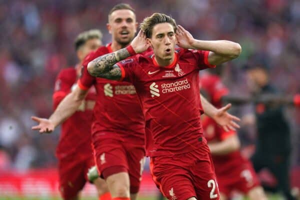 2J8AC5K Liverpool's Kostas Tsimikas celebrates scoring the winning penalty during the Emirates FA Cup final at Wembley Stadium, London. Picture date: Saturday May 14, 2022.