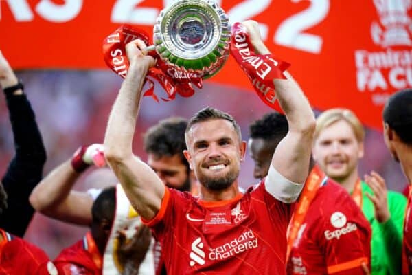 2J8AE8J Liverpool's Jordan Henderson celebrates with the trophy after winning the Emirates FA Cup final at Wembley Stadium, London. Picture date: Saturday May 14, 2022.