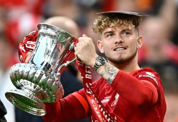 London, UK. 14th May, 2022. Harvey Elliott (Liverpool) celebrates with the FA Cup during the FA Cup Final match between Chelsea and Liverpool at Wembley Stadium on May 14th 2022 in London, England. (Photo by Garry Bowden/phcimages.com) Credit: PHC Images/