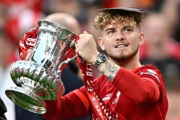 Harvey Elliott (Liverpool) celebrates with the FA Cup during the FA Cup Final match between Chelsea and Liverpool at Wembley Stadium 2022 (Photo by Garry Bowden/phcimages.com) Credit: PHC Images/Alamy Live News)