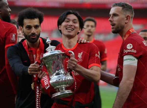 Takumi Minamino and Mohamed Salah of Liverpool with the FA Cup after their team win the Emirates FA Cup match at Wembley Stadium, (Image: Terry/Sportimage Credit: Sportimage/Alamy Live News)