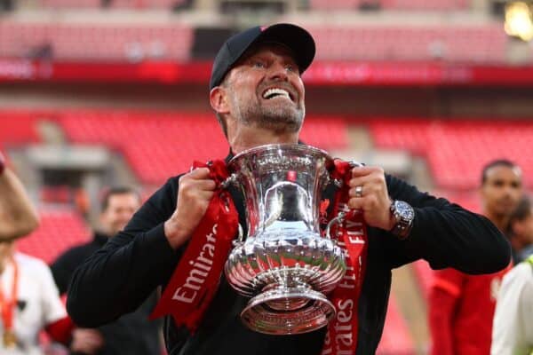 2J9AY3N Manager of Liverpool, Jurgen Klopp celebrates with the FA Cup Trophy - Chelsea v Liverpool, The Emirates FA Cup Final, Wembley Stadium, London - 14th May 2022
