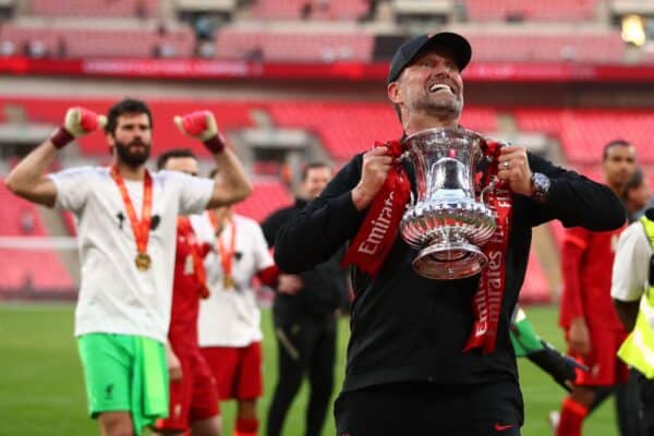 2J9AY3N Manager of Liverpool, Jurgen Klopp celebrates with the FA Cup Trophy - Chelsea v Liverpool, The Emirates FA Cup Final, Wembley Stadium, London - 14th May 2022