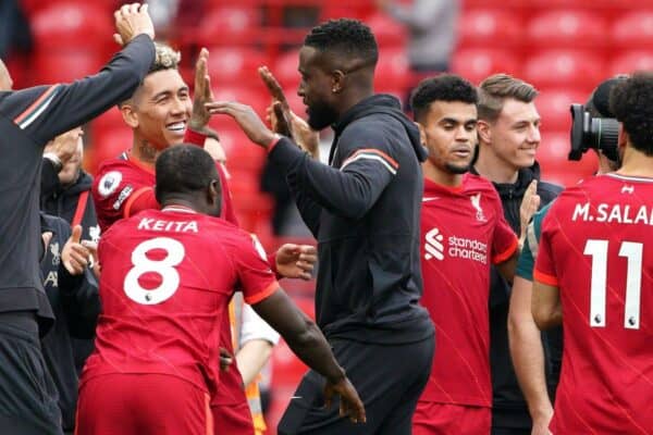 2J9CNDA Liverpool players after the Premier League match at Anfield, Liverpool. Picture date: Sunday May 22, 2022.