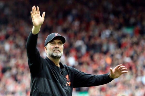 2J9CX7M Liverpool, UK. 22nd May, 2022. Jurgen Klopp, the Liverpool manager shows his appreciation to the fans at the end on the game. Premier League match, Liverpool v Wolverhampton Wanderers at Anfield in Liverpool on Sunday 22nd May 2022. this image may only be used for Editorial purposes. Editorial use only, license required for commercial use. No use in betting, games or a single club/league/player publications. pic by Chris Stading/Andrew Orchard sports photography/Alamy Live news Credit: Andrew Orchard sports photography/Alamy Live News