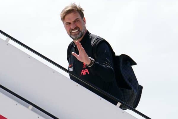 2JA41E0 Liverpool manager Jurgen Klopp boards the plane before flying out of John Lennon Airport, ahead of the UEFA Champions League Final in Paris on Saturday. Picture date: Friday May 27, 2022.