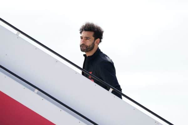 2JA44XE Liverpool's Mohamed Salah boards the plane before flying out of John Lennon Airport, ahead of the UEFA Champions League Final in Paris on Saturday. Picture date: Friday May 27, 2022.