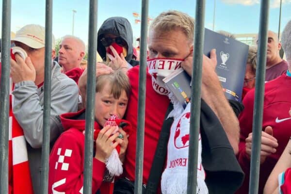 2JA86Y6 Soccer Football - Champions League Final - Liverpool v Real Madrid - Stade de France, Saint-Denis near Paris, France - May 28, 2022 Liverpool fans react as they queue to access Stade de France before Champions League Final REUTERS/Fernando Kallas TPX IMAGES OF THE DAY