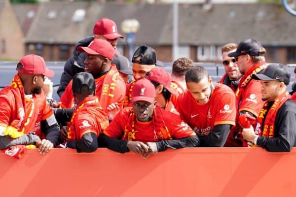 2JAATHP Liverpool's Sadio Mane (centre) on an open-top bus during the trophy parade in Liverpool. Picture date: Sunday May 29, 2022.