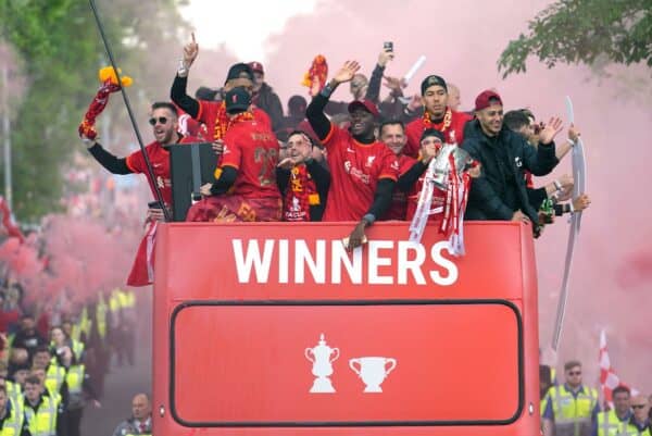 2JABPK2 Liverpool players on an open-top bus during the trophy parade in Liverpool. Picture date: Sunday May 29, 2022.