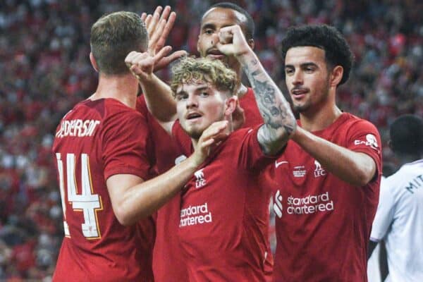 2JH5D26 Singapore. 15th July, 2022. Jordan Henderson (1st L) of Liverpool celebrates with teammates after scoring in the pre-season exhibition match between Liverpool FC and Crystal Palace FC held at Singapore's National Stadium on July 15, 2022. Credit: Then Chih Wey/Xinhua/Alamy Live News