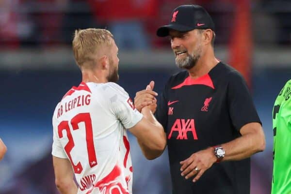 Leipzig, Germany. 21st July, 2022. Soccer: Test matches, RB Leipzig – FC Liverpool at the Red Bull Arena. Liverpool’s coach Jurgen Klopp shakes hands with Leipzig’s Konrad Laimer. Liverpool won with 0:5. Credit: Jan Woitas/dpa/Alamy Live News