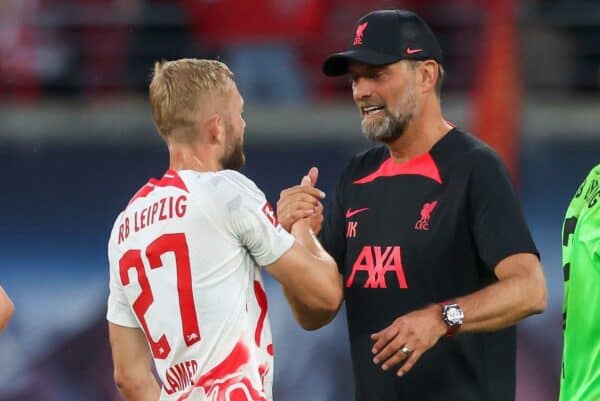 FC Liverpool at the Red Bull Arena. Liverpool's coach Jurgen Klopp shakes hands with Leipzig's Konrad Laimer. Liverpool won with 0:5. Credit: Jan Woitas/dpa/Alamy Live News