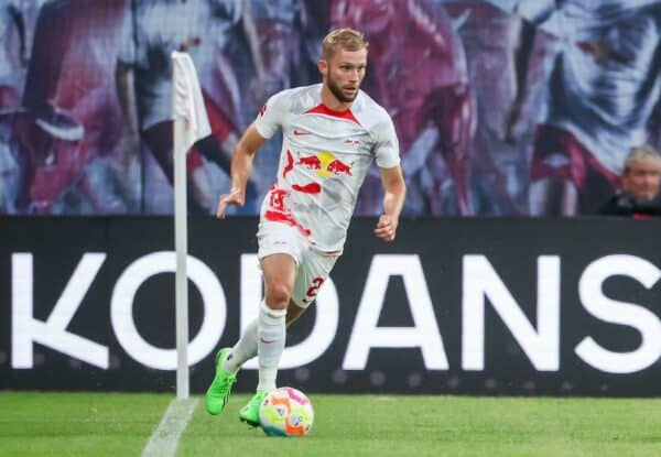 Liverpool at the Red Bull Arena. Leipzig player Konrad Laimer on the ball. Credit: Jan Woitas/dpa/Alamy Live News