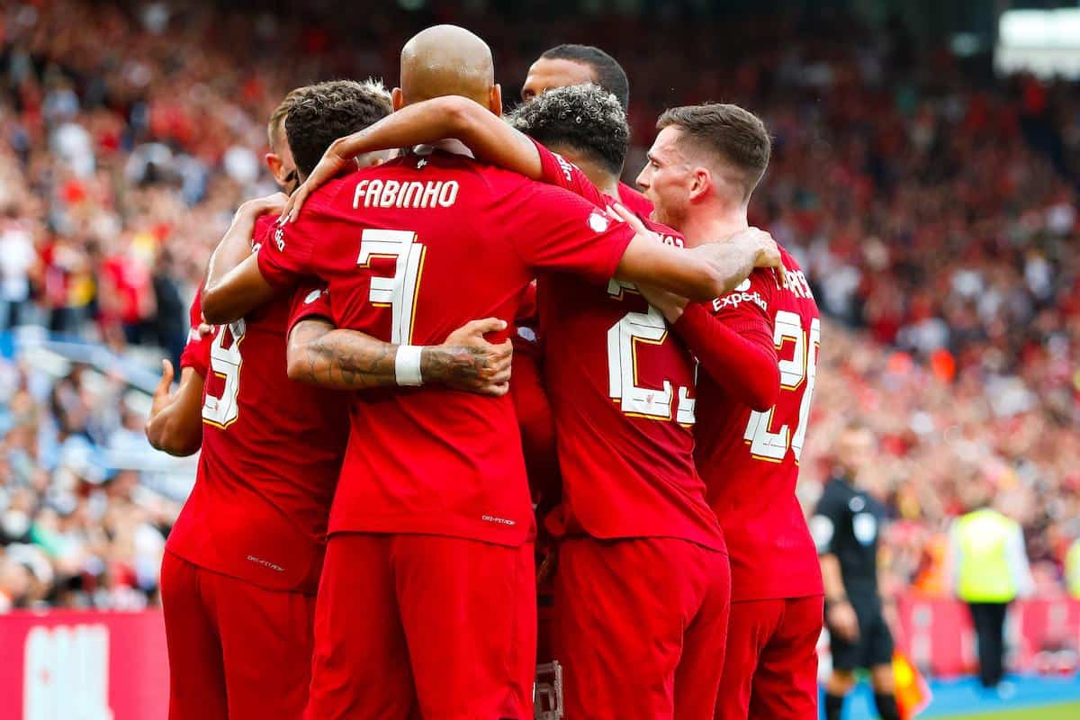 2JK4CG0 30th July 2022; The King Power Stadium, Leicester, Leicestershire, England; FA Community Shield, Liverpool versus Manchester City; Liverpool players celebrate Trent Alexander-Arnold?s goal after 21 minutes (1-0)