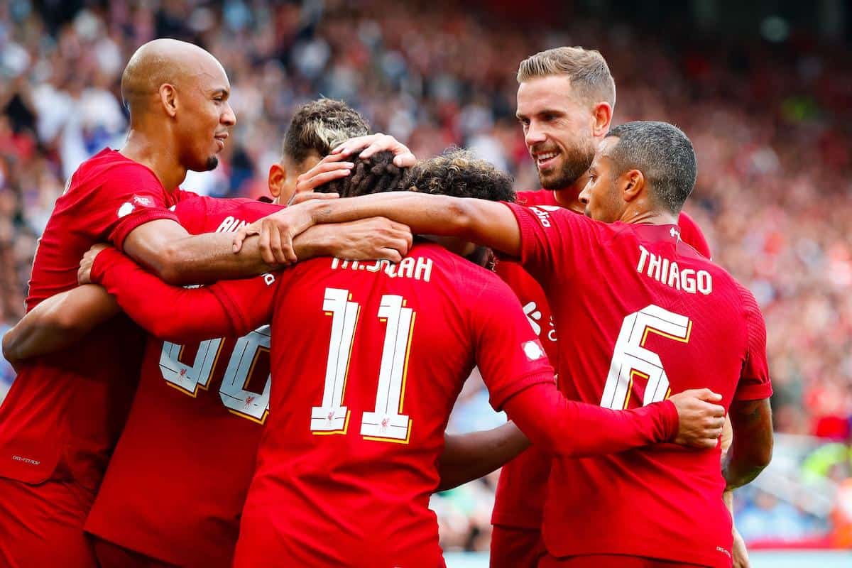 2JK4CGP 30th July 2022; The King Power Stadium, Leicester, Leicestershire, England; FA Community Shield, Liverpool versus Manchester City; Liverpool players celebrate Trent Alexander-Arnold?s goal after 21 minutes (1-0)