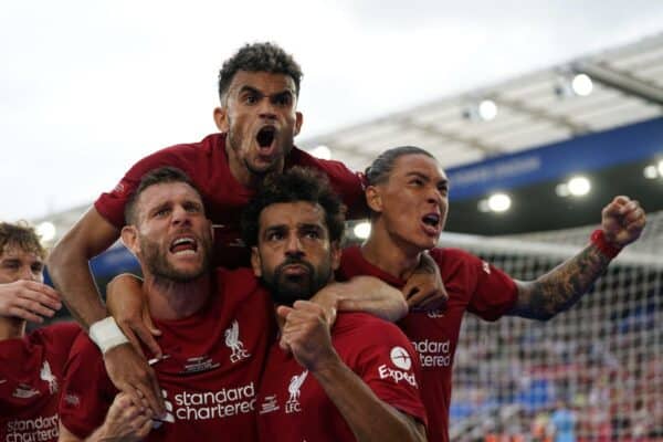 2JK4EC8 Liverpool's Mohamed Salah celebrates scoring their side's second goal of the game during the FA Community Shield match at the King Power Stadium, Leicester. Picture date: Saturday July 30, 2022.