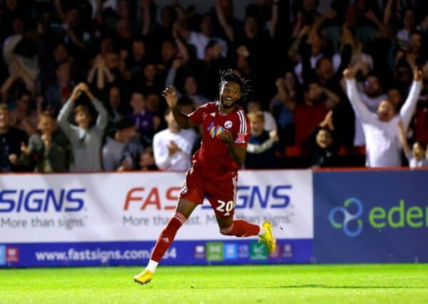 2JRCDK4 Crawley Town's James Balagizi celebrates scoring their side's second goal of the game during the Carabao Cup second round match at Broadfield Stadium, Crawley. Picture date: Tuesday 23rd August, 2022.