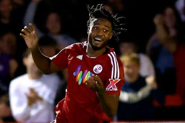 2JRCDK4 Crawley Town's James Balagizi celebrates scoring their side's second goal of the game during the Carabao Cup second round match at Broadfield Stadium, Crawley. Picture date: Tuesday 23rd August, 2022.