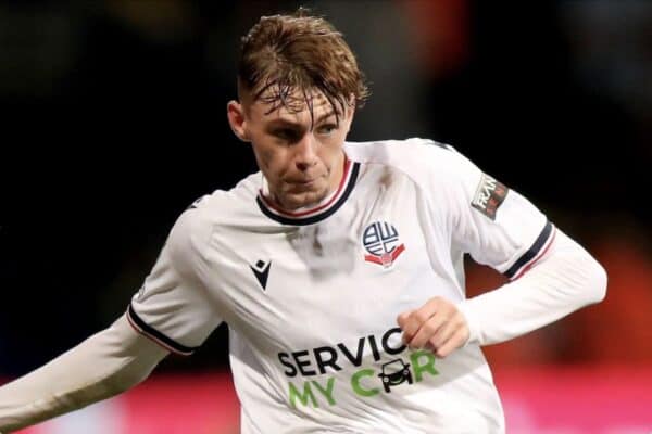 2JRCMAN Bolton Wanderers? Conor Bradley in action during the Carabao Cup second round match at the University of Bolton Stadium, Bolton. Picture date: Tuesday 23rd August, 2022.