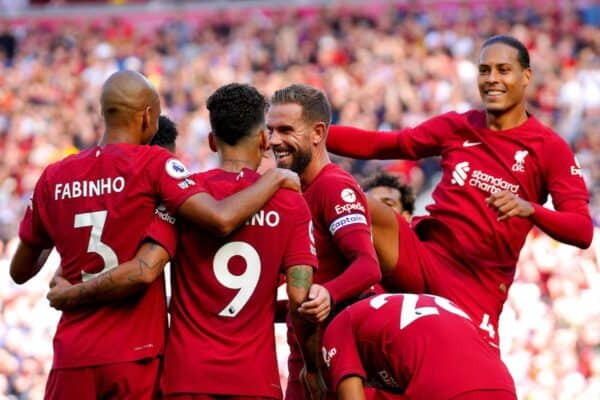 2JT1C40 Liverpool's Roberto Firmino celebrates with his team-mates after scoring their side's seventh goal of the game during the Premier League match at Anfield, Liverpool. Picture date: Saturday August 27, 2022.