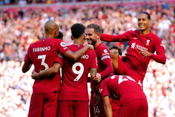 2JT1C40 Liverpool's Roberto Firmino celebrates with his team-mates after scoring their side's seventh goal of the game during the Premier League match at Anfield, Liverpool. Picture date: Saturday August 27, 2022.