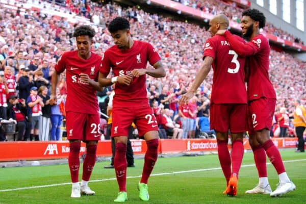 2JT1G7H Liverpool's Luis Diaz (second left) celebrates scoring their side's ninth goal of the game during the Premier League match at Anfield, Liverpool. Picture date: Saturday August 27, 2022.