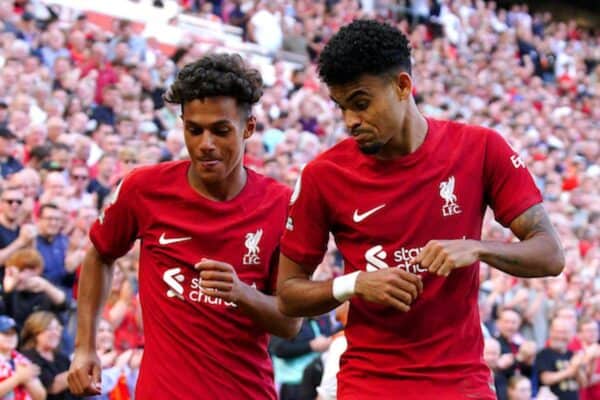 2JT1G7H Liverpool's Luis Diaz (second left) celebrates scoring their side's ninth goal of the game with Fabio Carvalho during the Premier League match at Anfield, Liverpool. Picture date: Saturday August 27, 2022.