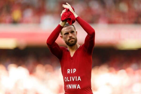 Jordan Henderson of Liverpool wears a shirt in memory of Olivia Pratt-Korbel during the Premier League match between Liverpool and Bournemouth at Anfield on August 27th 2022 in Liverpool, England. (Photo by Daniel Chesterton/phcimages.com) Credit: PHC Images/Alamy Live News