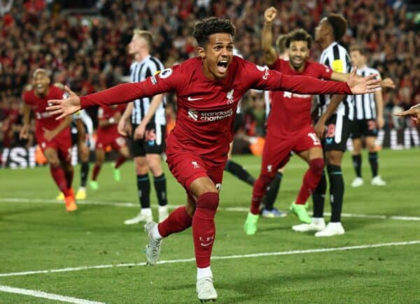 Fabio Carvalho of Liverpool celebrates scoring the winning goal during the Premier League match at Anfield, Liverpool. Picture credit should read: Darren Staples / Sportimage